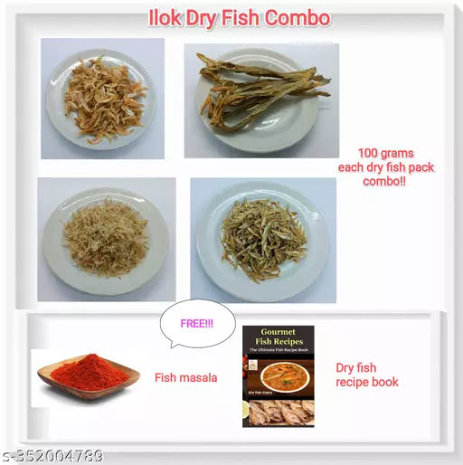 Ilok dry fish combo of 4 (Dry prawns, Dry shrimps, Dry Bombay ducks, Dry white baits) 100 grams each.